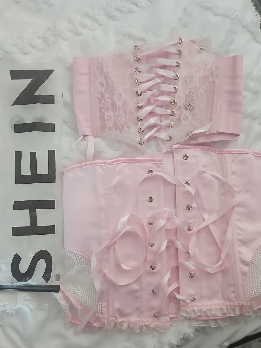 SHEIN Baby Pink Lace-Up Corset Set